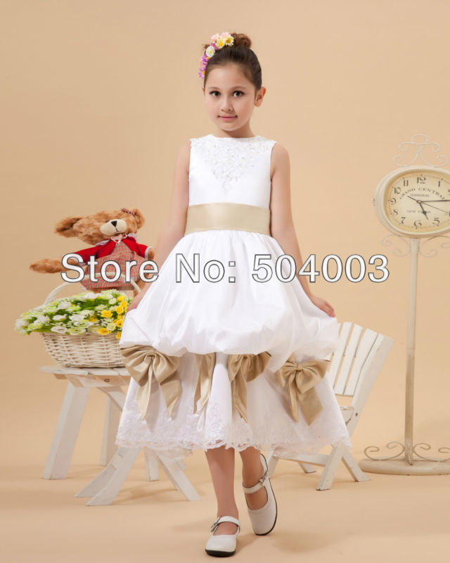 Custom-made Satin Lace Bowknot Flower Girl Dresses  free shipping