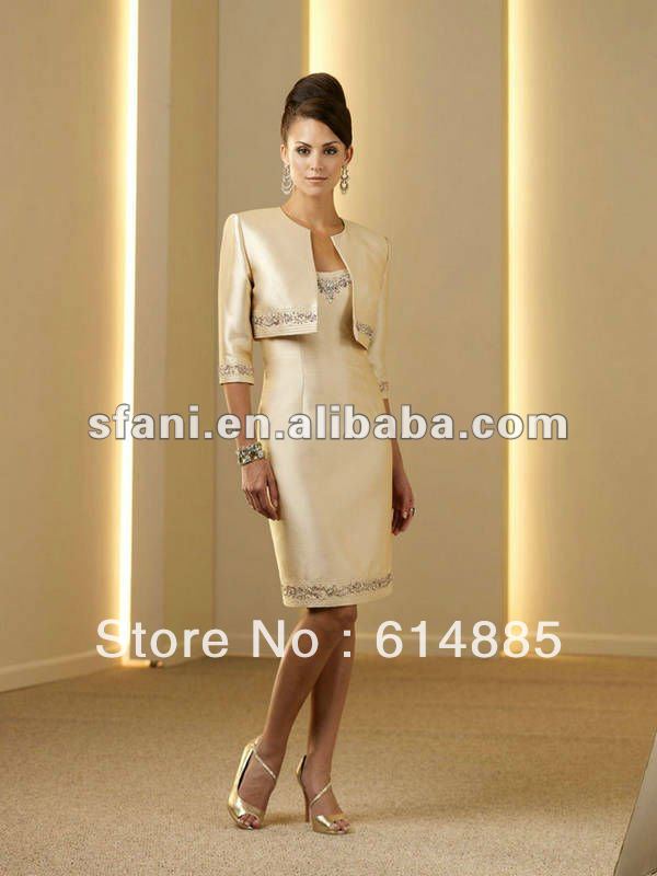 Custom Made Sheath Strapless Champagne Beaded Knee Length Satin Vintage Mother of the Bride Dresses With Jacket md098