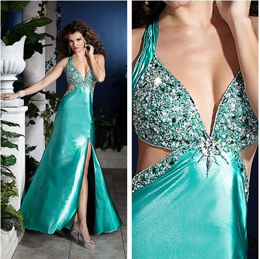 Custom Made Side Cut-Outs Beaded Accents Sexy V-neck Halter Top Cheap Prom DressBeaded Halter Prom Dress