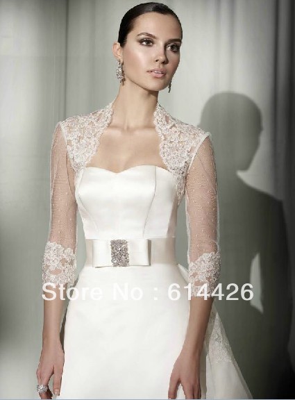 Custom made Size White Ivory lace Wedding jacket Bridal Wraps three-quarter sleeve Bolero retail and wholesale