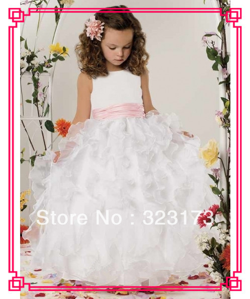 Custom Made White and Pink Ball Gown Sash Tiered Organza and Satin Scoop Neckline Floor Length Cinderella Dresses for Girls