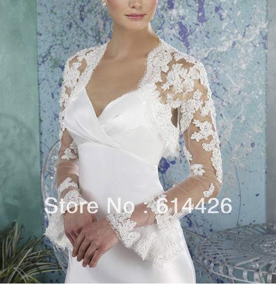 Custom Made white/ivory New style lace flower wedding jacket/bolero long bell sleeve retail and wholesale