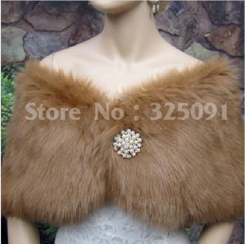 Custom Made Winter Warm Brown Bridal Faux Fur Wraps With Sparkling Pearl Brooch Wedding / Prom/Evening Party Stole Shawl Jackets
