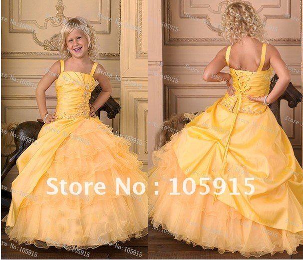 Custom Made Yellow Spaghetti Straps Yellow Beadings Ball Gown Christmas Pageant  Dresses Flower Girl Dresses Organza  HL-62