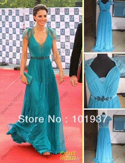 custom short sleeves kate middleton vestido azul red carpet dress v neck blue sash chiffon celebrity dresses real sample mn02