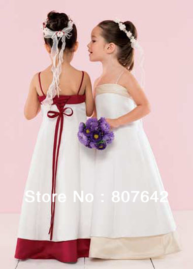 Custom-size/color Spaghetti straps A-line satin floor-length Flower girl dresses flower girl gown Sky-1157