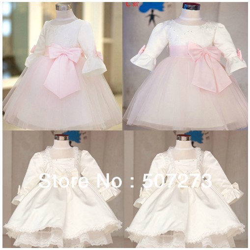 Customed Flower Girl Dresses Pink and white color Full sleeve with bow princess girl dress nice birthday gift  Ball Gown nice