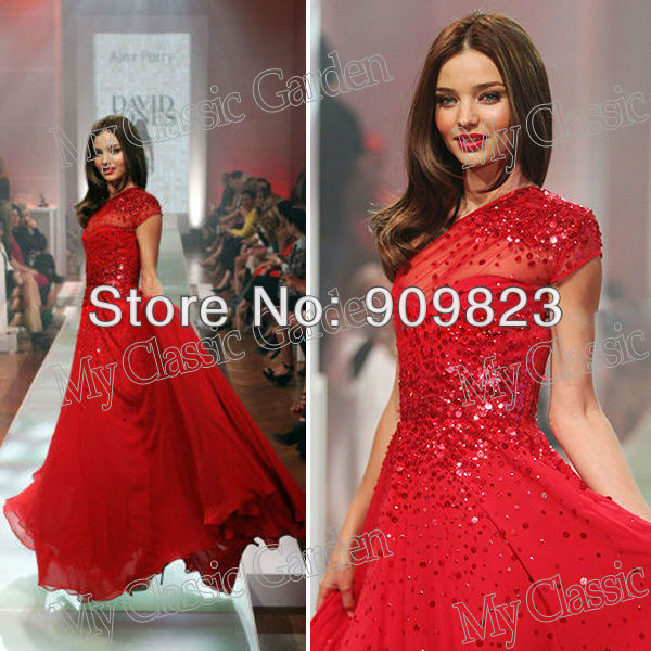 Customer Made Miranda Kerr One Shoulder Short Sleeve Sequins A-Line Full Length Chiffon Red Carpet Celebrity Dresses New