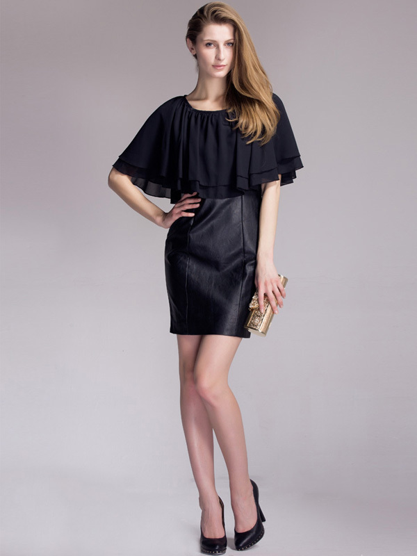 Customize YIGELILA Ladies Fashion Black Cape Sleeves Leather Dress 6246