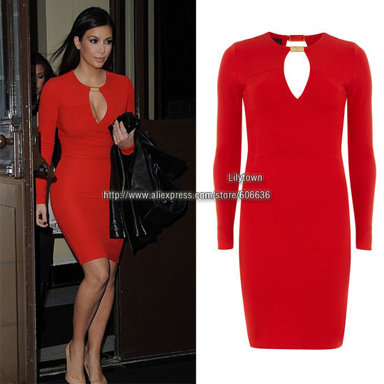 Customized Sheath Long Sleeves Skinny Mini Short Skirt Kim Kardashian Red Carpet Celebrity Dresses Famous Dress Free Ship