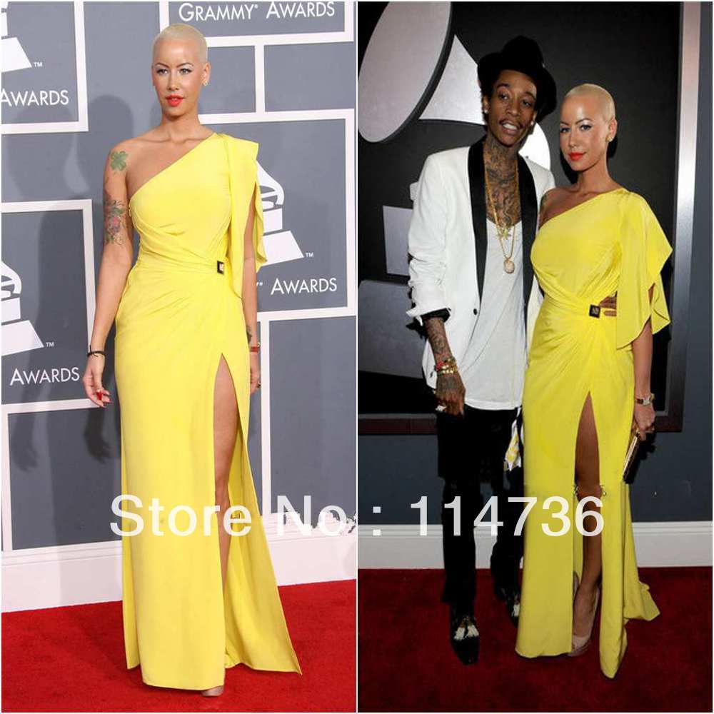 Customized Sheath One Shoulder Split Front Amber Rose Yellow Dress Red Carpet Celebrity Dresses Famous Gowns Free Shipping