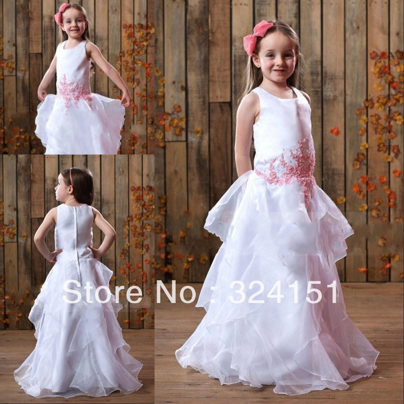 Cute 2013 A Line Beautiful Cheap Latest Trend Jewel Floor Length Satin Shirred  Flower Girl Dress Dresses For Wedding