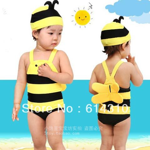 Cute design!4sets/lot baby girl/ boy animal design swimwear cute bee swimsuits onepiece swimwear+hat 2pcs kids bathing suits