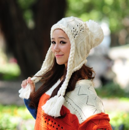 Cute hat female autumn and winter women's long braids macrospheric knitted hat winter fashion knitted hat ear protector cap