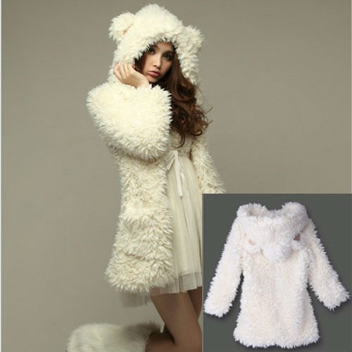 CUTE LONG SLEEVE HOODED COAT NO BUTTON WHITE F 3578