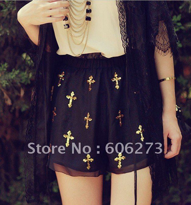 Cute Metallic Sequins Cross Chiffon Elastic Waist Mini Hot Pants Knicker Shorts