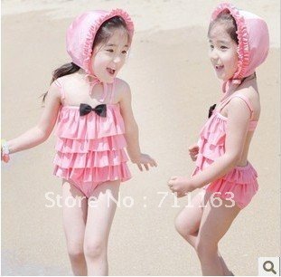 Cute Mini Cake Dress Girls Kids children baby Swimwear One piece Beach Dress with Cute Hat Pink color for 2-12years Old Girls