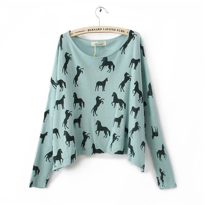 Cute Pullover Horse Prints Long Dolman Sleeves T-shirt Short Tee Brand White Tees Loose O-neck Top Knitwear Women Casual Sweater
