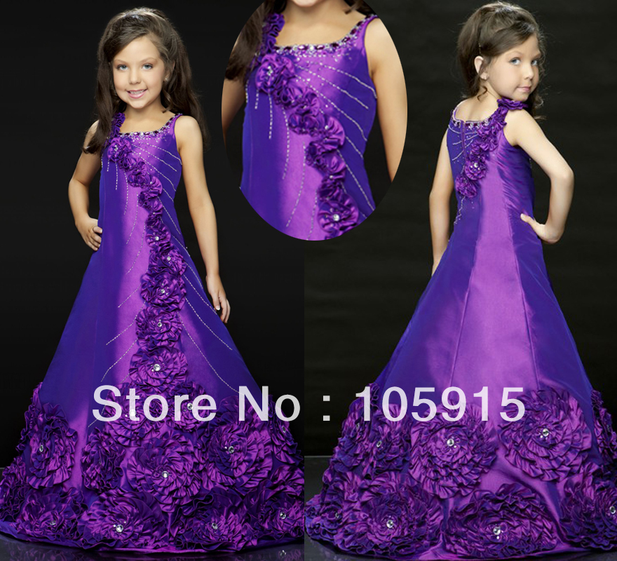 Cute Purple Handmade Flower Beaded Christmas Girls Party Dresses Pageant Dresses For Children Taffeta H-57