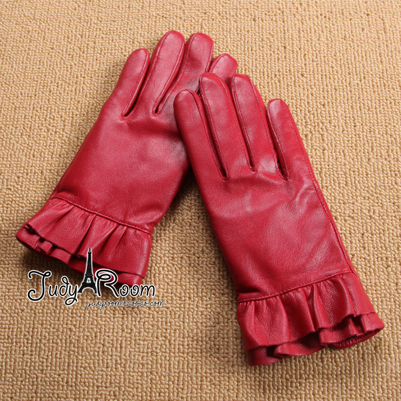 Cute quality personalized red pleated laciness sheepskin genuine leather women's finger gloves