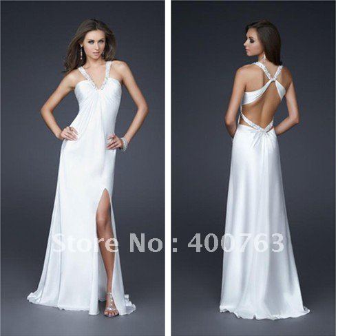 Cute V Neck Halter Beaeded Straps Cut out Back Chiffon White Long Evening Gowns