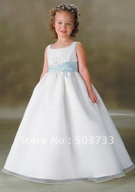 Cute WhiteFlower Girl Dress Ball Gowns Square Neck Beading Floor-legnth Tull Satin