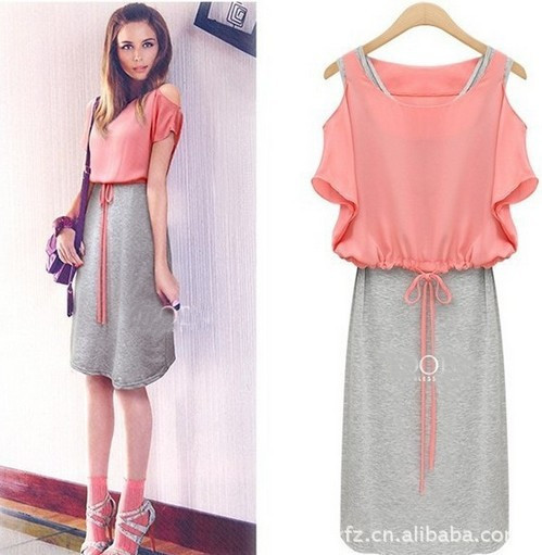 Cute Women's Pink/Blue Slim Chiffon Top + Cotton Vest Shirt  Dress