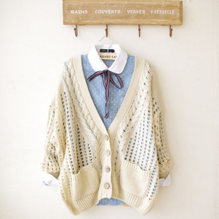Cutout cardigan long-sleeve crochet sweater fresh pocket sweater female twisted hole