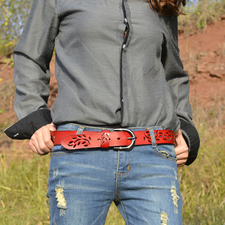 Cutout denim all-match women's genuine leather belt female decoration