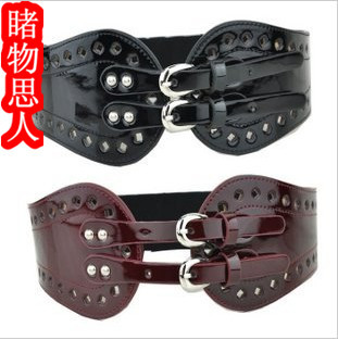 Cutout double buckles ladies genuine leather cummerbund japanned leather wide belt women's elastic decoration belt quality waist