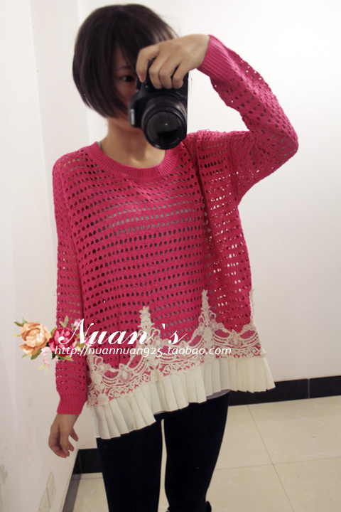 Cutout lace crotch laciness pleated patchwork chiffon plus size shirt sweater