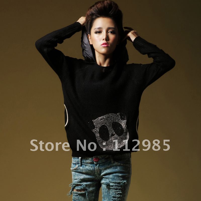 Cutout rhinestones sweater hooded vintage sweater women's autumn new arrival pullover short design