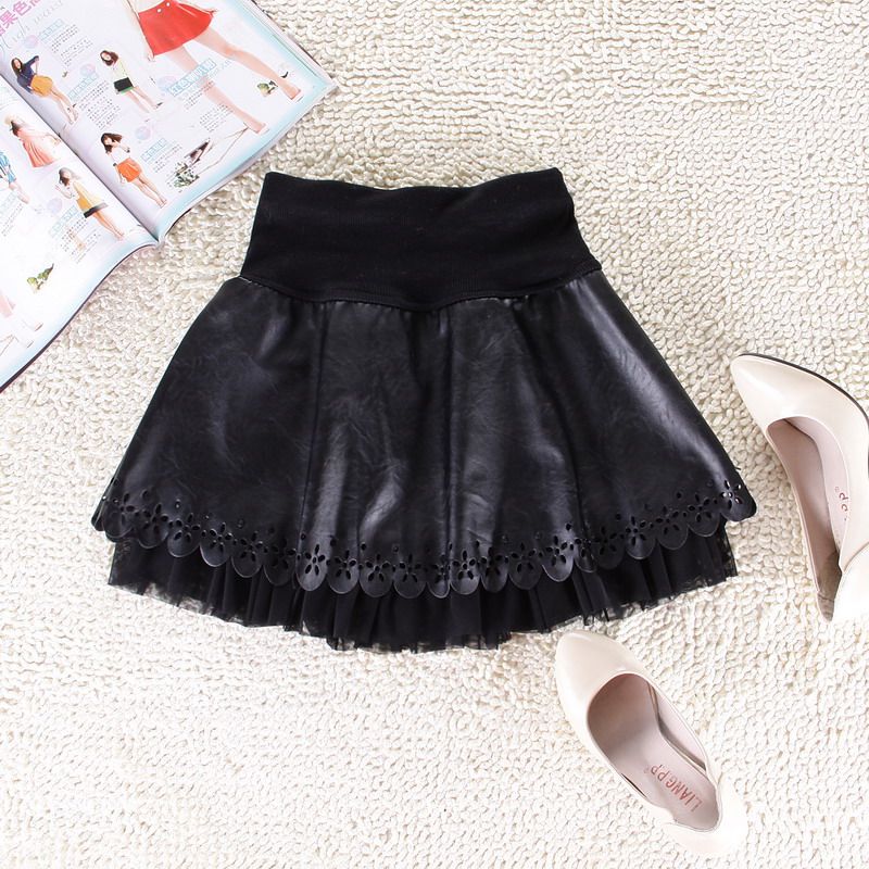 Cutout ruffle short skirt faux leather skirt sweep gauze patchwork basic skirt bust