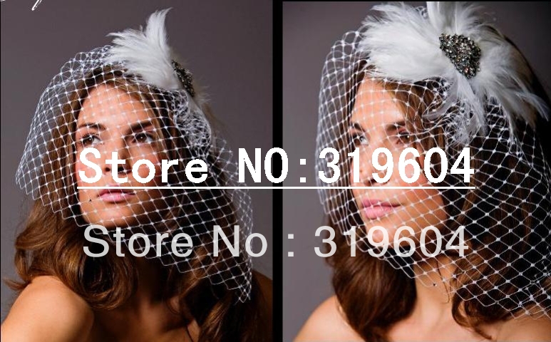CVB-03041 Simple Design White Feather Shiny Crystal Cover All Face Tulle Birdcage Veil