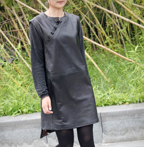 Cvcco genuine leather one-piece dress tantalising suede cheongsam