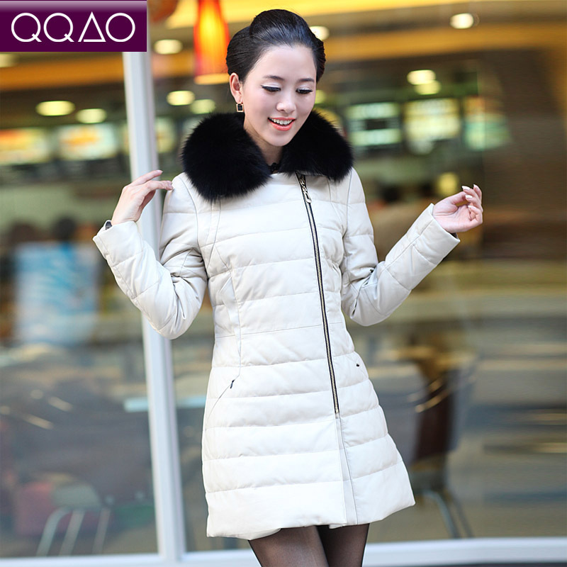 CW1009 medium-long women's genuine leather down coat genuine leather clothing slim fur collar leather coat