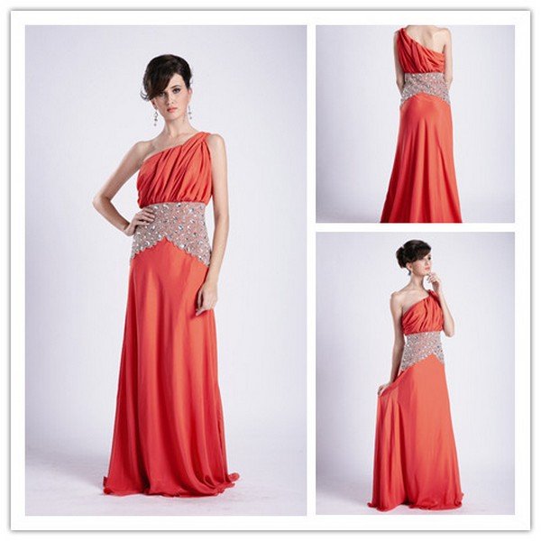 CW2205 outstanding one-shoulder beaded & pleated chiffon dress