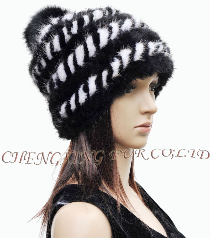 CX-C-48 Knit Mink Fur Cap With Fox Fur Ball ~ Hand knitted ~ DROP SHIPPING