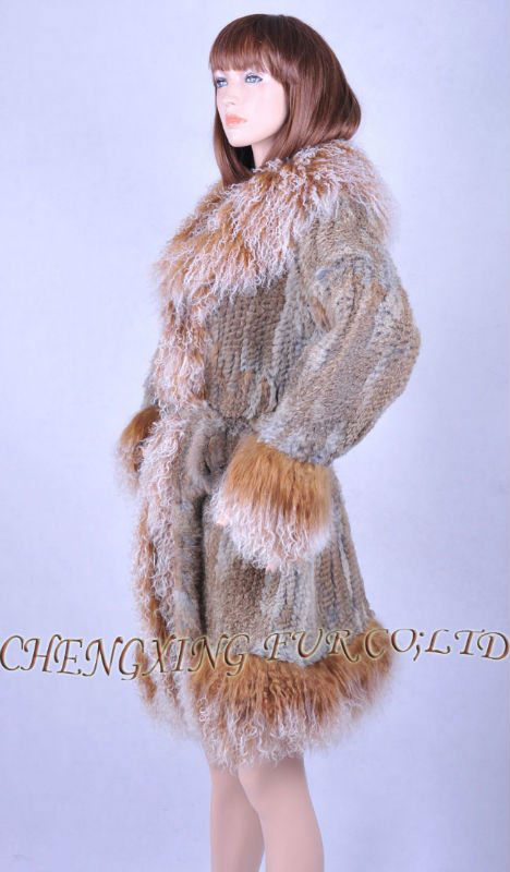 CX-G-A-119 Rabbit Fur Knitted Coat with Tibetan Sheep Fur Trim ~ DROP SHIPPING