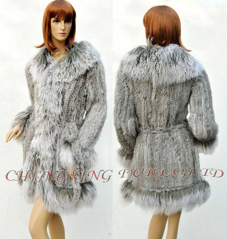 CX-G-A-119A Rabbit Fur Knitted Fur Coat with Tibetan Sheep Fur Trim ~ DROP SHIPPING