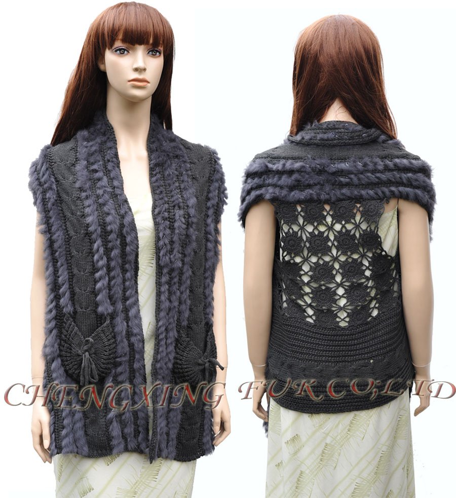 CX-G-B-105 Genuine Rabbit Fur  Knitting Vest / BLACK/ BROWN/ GREY ~ DROP SHIPPING