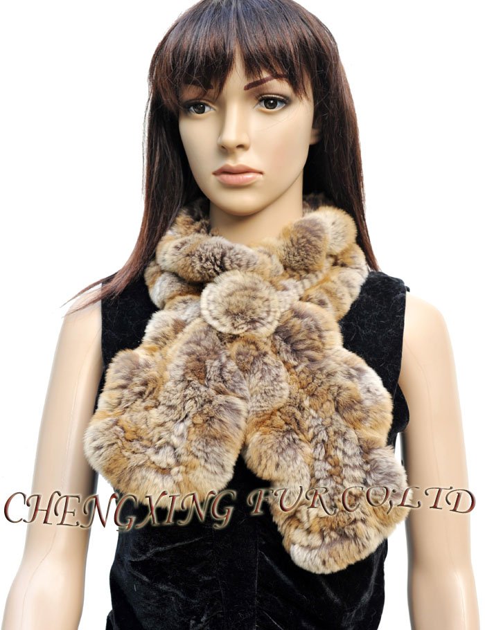 CX-S-01B Ruffled Rex Rabbit Fur Knit Scarf With Rosette  ~ WHOLESALE / RETAIL ~ ~ DROP SHIPPING
