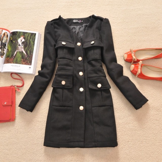 D-21 spring and autumn female trench woolen small V-neck medium-long OL outfit bags outerwear gentlewomen 0.8