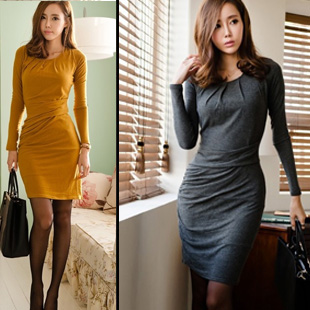 D basic 29684 female sexy basic plain long-sleeve small short one-piece dress 290g -Free shipping by CPAM(kaml)