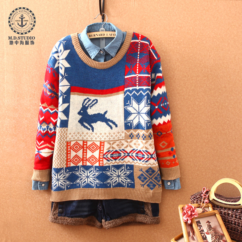 D1022 2012 winter knitted outerwear female onta loose color block basic shirt pullover sweater
