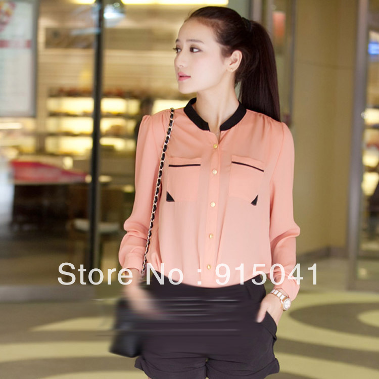 D123-15-013 Korean hit color gold buckle small stand-up collar chiffon long-sleeved shirt female models