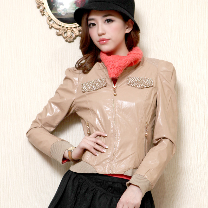 D1741719 y spring beading zipper lace gentlewomen long-sleeve pearl leather clothing