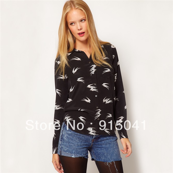D46-12-015 in Europe and America the Swallow printed single-breasted long-sleeved shirt shirt ladies shirt long-sleeved