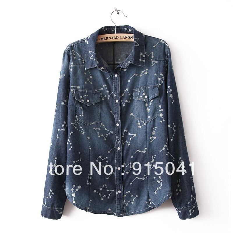D57-15-002 in Europe and America new pocket lapel constellation washed denim shirt