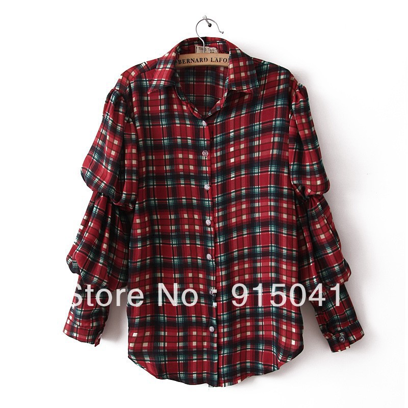 D57-15-050 in Europe and America new plaid long-sleeved cardigan lapel Puff Sleeve Shirt